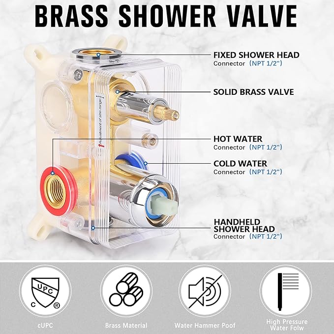 12 Inch Rainfall Shower System - Wall Mounted Complete Combo with Solid Brass Pressure Balancing Valve, High Pressure Shower Head, Handle Set & Installation Accessories Chrome