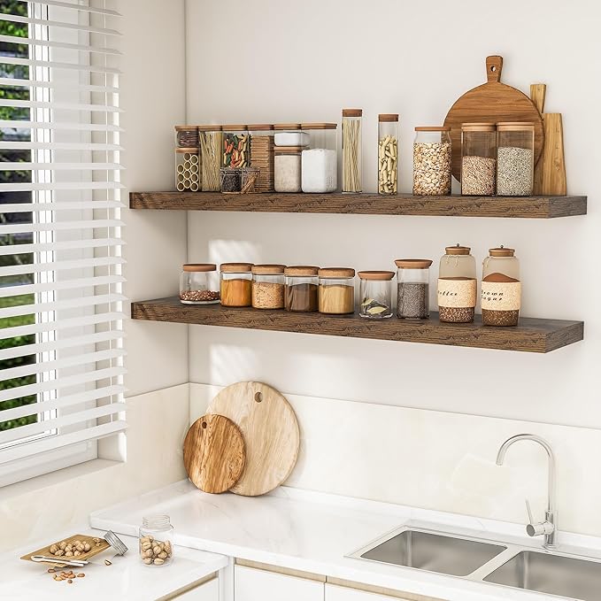 RICHFOCUS 55Inch Floating Shelves for Wall 1 Pack Shelves for Bedroom|Kitchen|Bathroom Wall Mounted Rustic Wood Floating Shelf with Invisible Brackets for Books|Storage|Decor, Rustic Brown