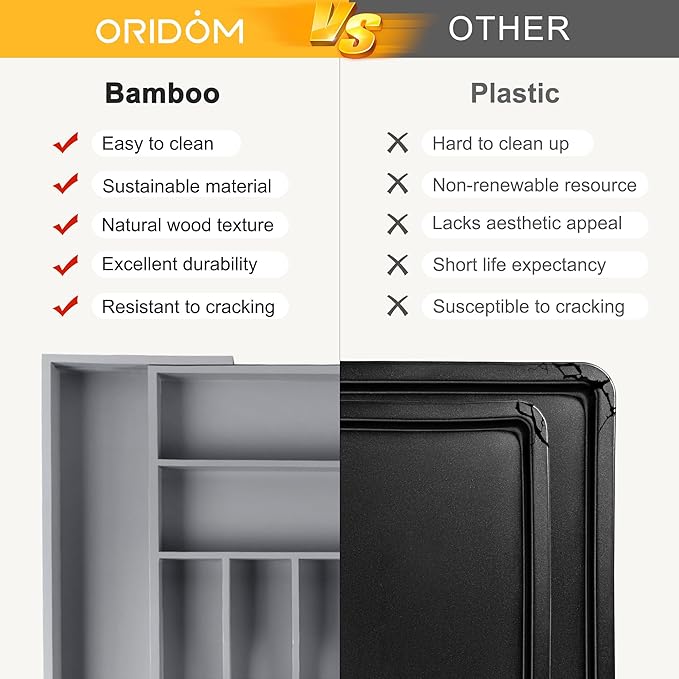 Large Premium Bamboo Silverware Organizer - Expandable Drawer Organizer & Utensil Organizer - 17"x19.7" Cutlery Tray with Dividers for Kitchen Utensils and Flatware (7-9 Slots) (Grey)