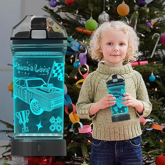 Boys Water Bottles, Car 3D Glowing Drink Bottle with Led Light -Tritan BPA Free & Easy Clean & Carry Handle, 14oz, Car Gifts for Birthday, Christmas, Back to School for Boys Girls Teens
