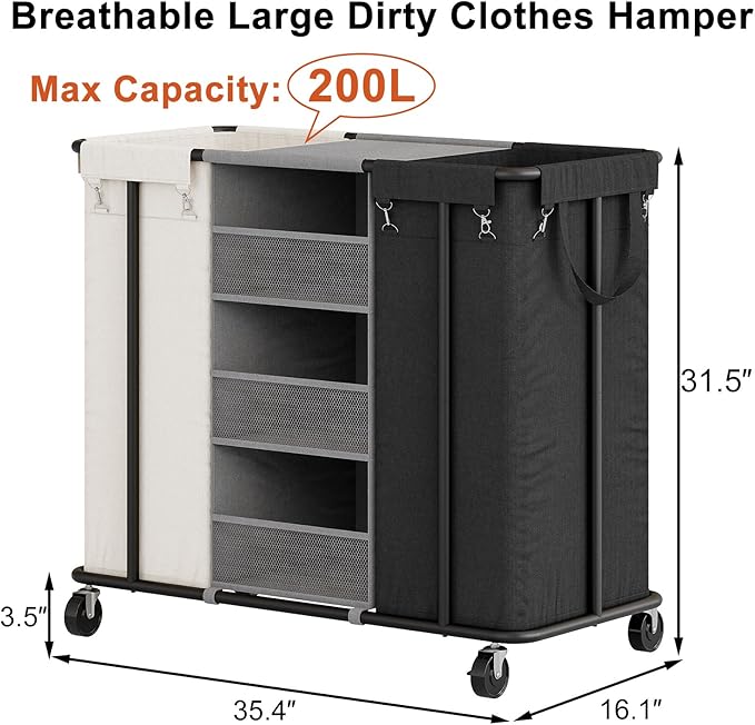 WOWLIVE Laundry Sorter 2 Section 200L Rolling Laundry Hamper with Hanging and Removable Bags Laundry Cart with Steel Frame and Storage Unit Large Basket Organizer for Dorm, Bathroom (Beige and Black)
