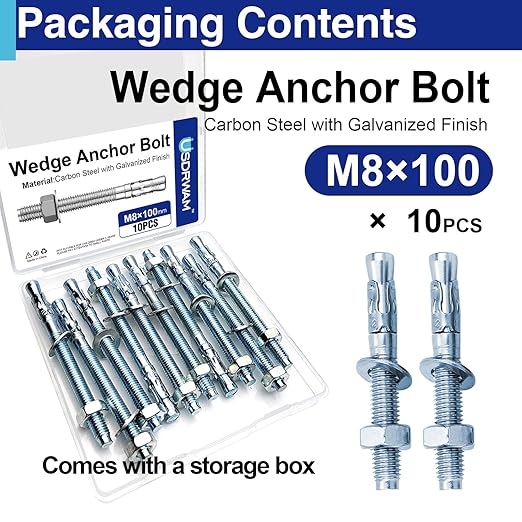 10Pcs M8×100mm Wedge Anchor Bolt, Carbon Steel Zinc Plated, Concrete Anchor Screws Kit, Anti-Rust Metric Expansion Bolts