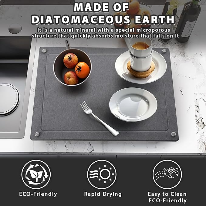 Stone Drying Mat for Kitchen Counter，IPOW Diatomaceous Dish Drying Mats Superb Absorbent，Heat-ResistantFast Drying Stone Mat Kitchen with Non-Slip Stainless Steel Feet（Gray）