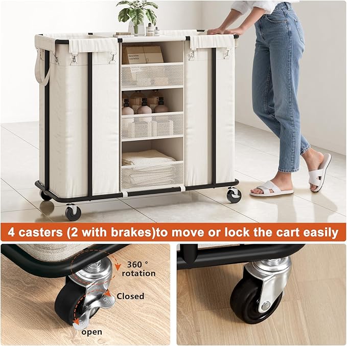 WOWLIVE Laundry Sorter 2 Section 200L Rolling Laundry Hamper with Hanging and Removable Bags Laundry Cart with Steel Frame and Storage Unit Large Basket Organizer for Dorm Room, Bathroom (Beige)