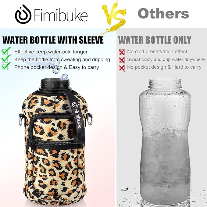 Fimibuke Half Gallon Water Bottle with Sleeve 64 OZ Water Bottle with Handle & Straw Leakproof Motivational Sports Gym Water Bottle with Time Marker BPA Free Water Jug with Reusable Neoprene Holder