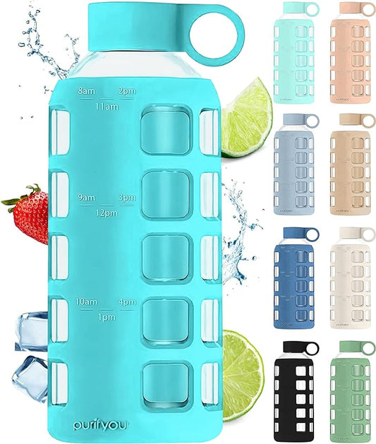 purifyou Premium 40/32 / 22/12 oz Glass Water Bottles with Times to Drink and Volume, Silicone Sleeve & Stainless Steel Lid Insert, Reusable for Fridge Water, Milk, Fruit Juice (Aqua Blue, 22 oz)