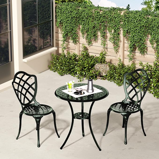 3 Piece Patio Bistro Set, Outdoor Bistro Table and Chairs Set of 2 w/Umbrella Hole, Rust-Resistant Cast Aluminum Bistro Set for Garden/Balcony/Backyard, Green