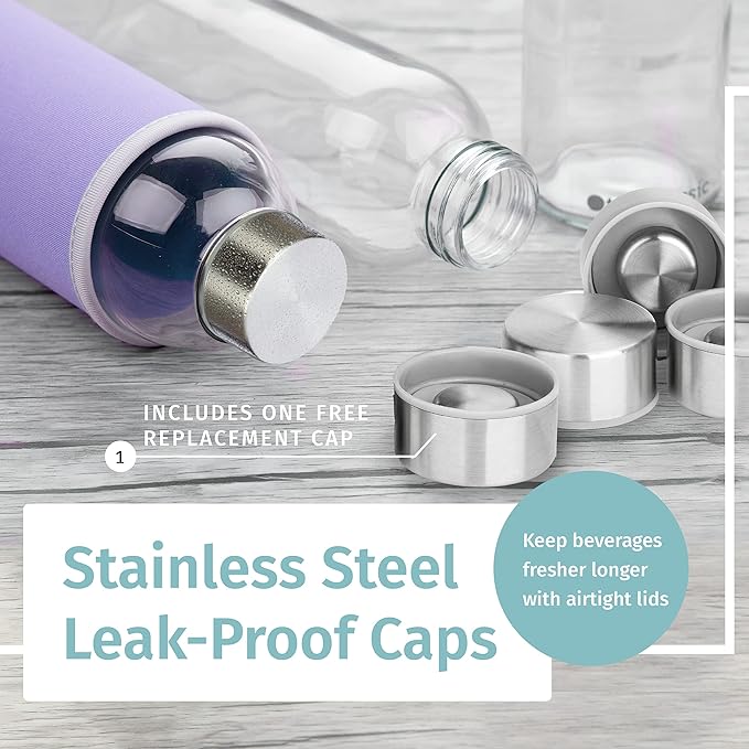 Glass Water Bottles 6 Pack With Sleeves and Stainless Steel Lids - 18oz Size - Leak Proof Caps, Reusable and Perfect For Travel and Storing Beverages Juice, Smoothies, Kombucha, Kefir, Tea