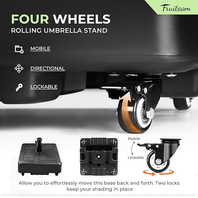 FRUITEAM Fillable Mobile Umbrella Base, 100 LBS Patio Umbrella Weight Base Heavy-Duty,Plastic Base Water & Sand Filled Umbrella Stand Holder with 4 Wheels, Easy to Move