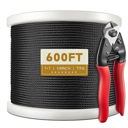 600FT 1/8" T316 Black Stainless Steel Cable, Black Wire Rope Aircraft Cable for Deck Cable Railing Kit, DIY Balustrades, 7x7 Strands Construction, Comes with a Cutter