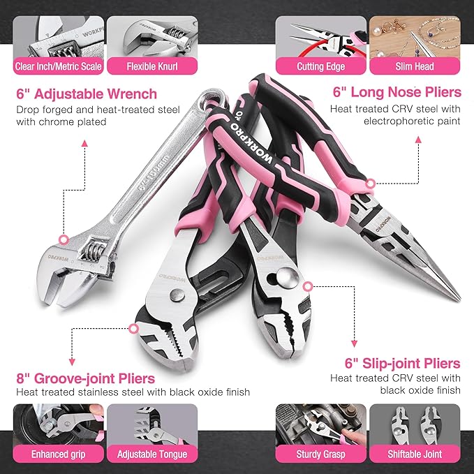 WORKPRO Pink Cordless Drill Driver with Toolbox, 8V Lithium-ion Power Drill and Bits, 2.0 Ah Portable Electric Screwdriver Home Tool Set with Stackable Pink Ribbon Tool Box