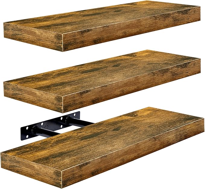 Sorbus Floating Shelves for Wall, Bathroom Shelves Wall Mounted for Kitchen, Bedroom, Bathroom Storage Over Toilet, Hanging Book Shelf for Wall Home Decor Living Room (Rustic Brown, 3 Pack)