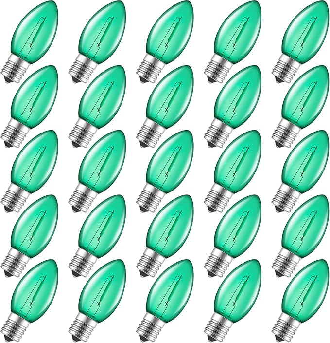 Brightown 25 Pack C9 LED Christmas Light Bulbs, Green Plastic C9 Shatterproof LED Bulbs Replacement for Christmas String Lights, E17 Intermediate Base, Commercial Dimmable Holiday Bulbs