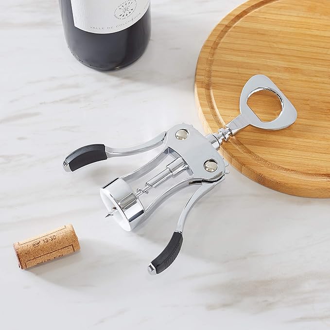 Wine Opener, Zinc Alloy Premium Wine Bottle Opener Wing Corkscrew Heavy Duty, Manual Multifunctional Cork Screw for Waiter, Silver