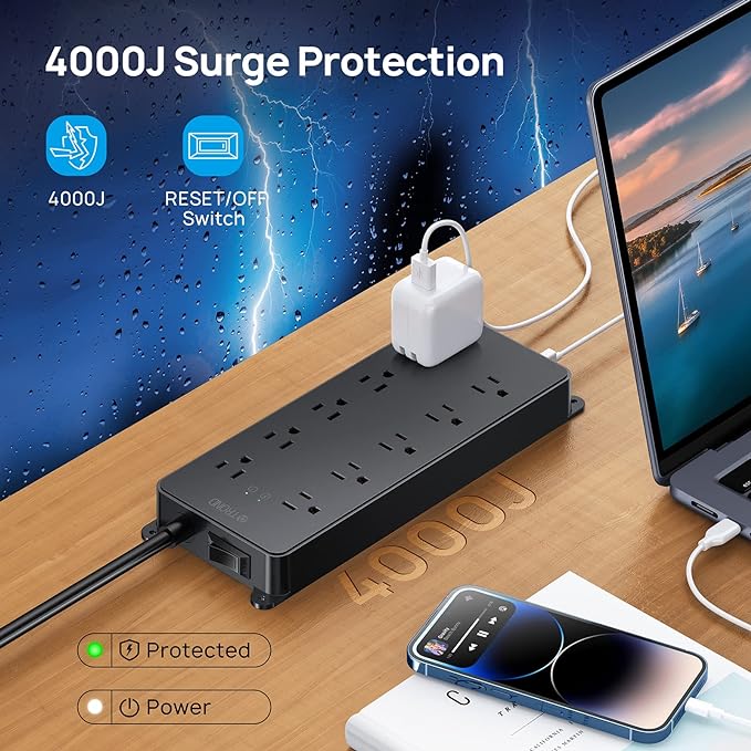 TROND Power Strip Surge Protector, 4000J, ETL Listed, 10 Widely Spaced Outlets with 2 USB A and 2 USB C, Flat Plug 5ft Extension Cord, Wall Mountable, 14AWG Heavy Duty, for Home Office Garage, Black