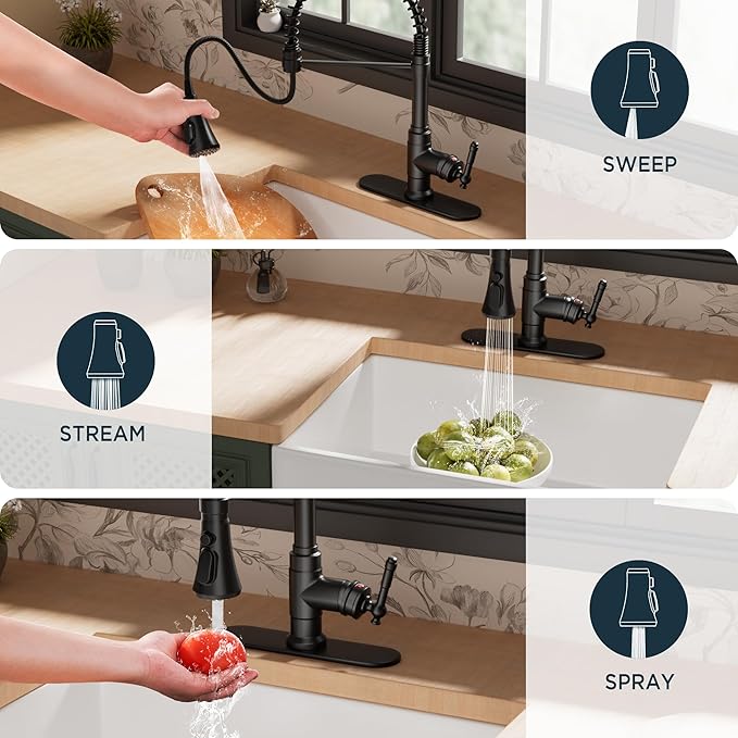 FORIOUS Black Vintage Kitchen Faucet Pull Down Sprayer Stainless Steel, High Arc Single Handle Antique Sink Faucet 1 or 3 Holes for Pot Filler, Farmhouse Camper RV Wet Bar