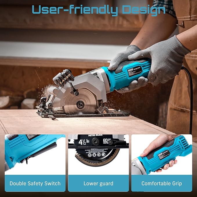 Seesii Mini Circular Saw with Laser Guide,4.8A 4000 RPM Compact Corded Circular Saw with Rip Guide,3 Blades (4-1/2") for Wood,Soft Metal,Tile,Plastic Cutting,Max Cut Depth 1-11/16"(90°),1-1/8" (45°)