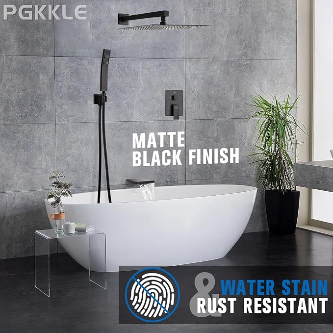 10 Inch Rainfall Shower System with Tub Spout Wall Mounted Complete Combo with Solid Brass Pressure Balancing Valve, High Pressure Shower Head, Handle Set & Installation Accessories Matte Black