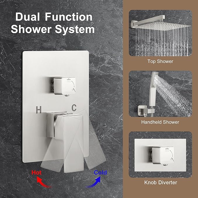 JOMEOO® 12 Inch Brushed Nickel Shower System, Wall Mounted High Pressure Rain Shower Head with Handheld Sprayer, Bathroom Luxury Rainfull Shower Head Shower Faucet Set Rough in Valve Body and Trim