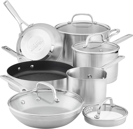 KitchenAid 3-Ply Base Stainless Steel Cookware Pots and Pans Set, 10 Piece, Brushed Stainless