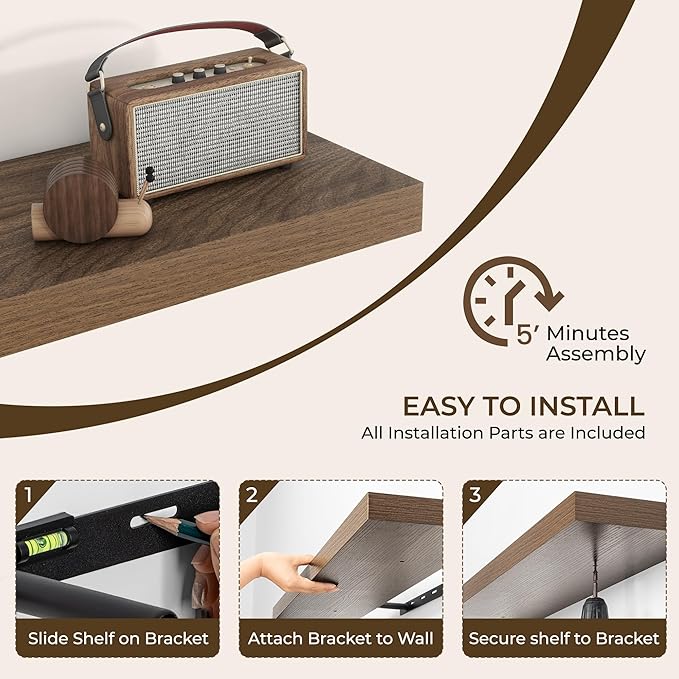 RICHFOCUS 16Inch Floating Shelves for Wall 2 Pack Shelves for Bedroom|Kitchen|Bathroom Wall Mounted Rustic Wood Floating Shelf with Invisible Brackets for Books|Storage|Decor, Walnut