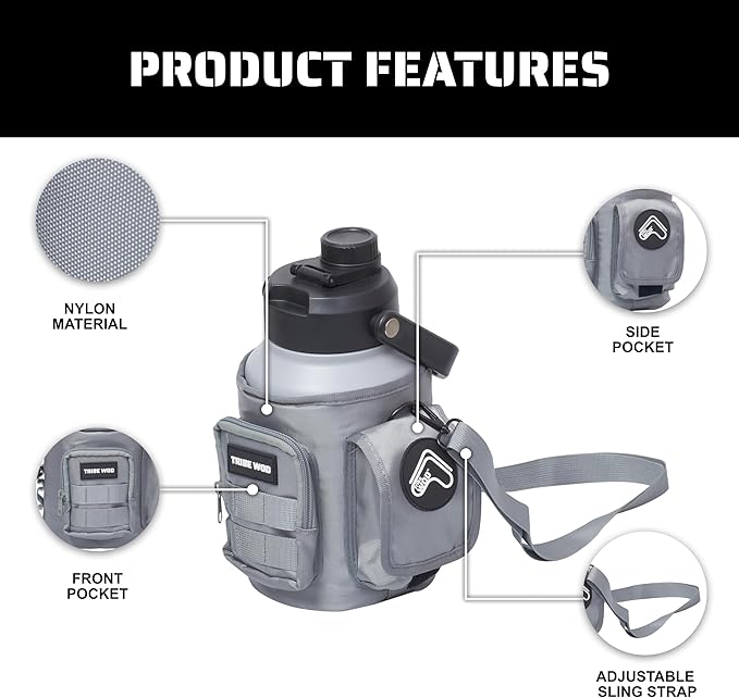 TRIBE WOD Tactical Water Bottle - 64 oz - Outdoor Military Water Bottles Stainless Steel - Double-Wall Jug with Rugged Strap and Removable Sleeve for Keys, Wallet, Phone (Ash Grey)