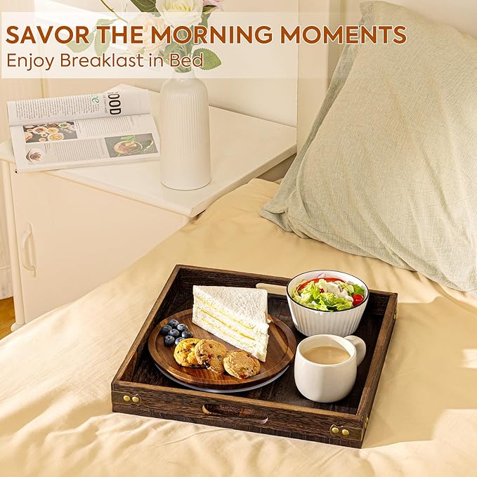 Yangbaga Serving Tray with Handles,12.5"*12.5"Wood Decorative Tray for Living Room,Modern Coffee Table Tray,Square Large Serving Platters for Home Decor,Ottoman,Bed,Kitchen,Bathroom, Breakfast,Bar