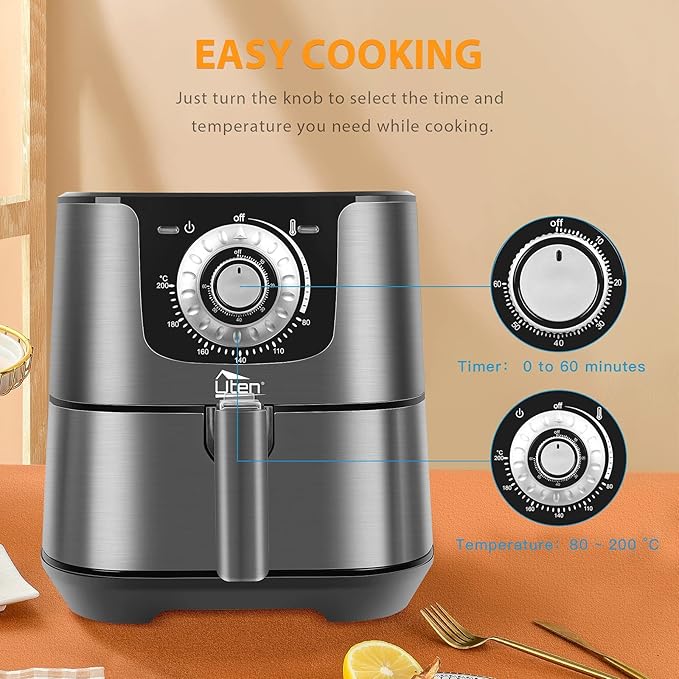 Uten 5.8 Quart Air Fryer, 1700W Hot Oven Oilless Cooker,Non-Stick Fry Basket, Manual Air Fryer with Timer Knob and Temperature Knob, Black