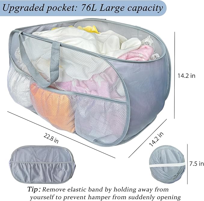 Collapsible Laundry Baskets 2 Pack, Mesh Pop Up Hamper with Handles, Portable Stair Basket, Dorm or Room Folding Bin, Dirty Clothes Hamper Light Breathable. Grey. 2H