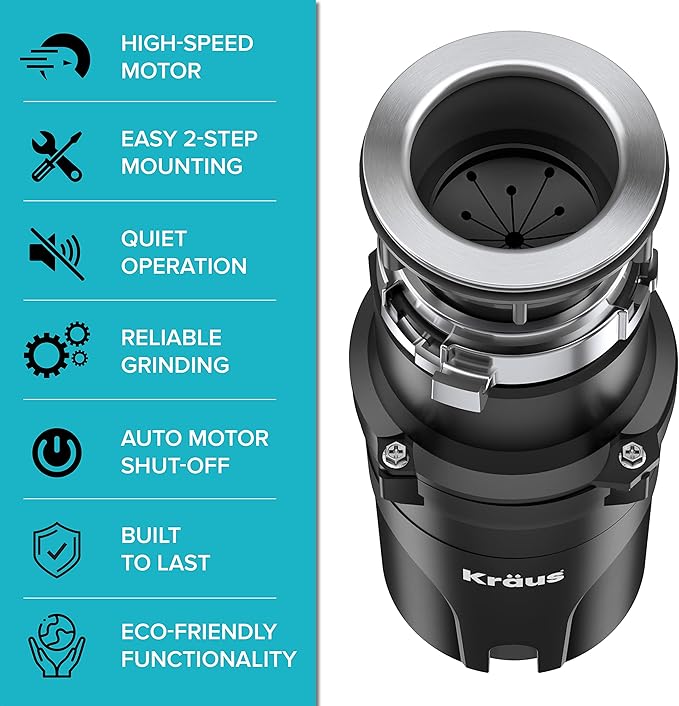 KRAUS WasteGuard 1/3 HP Ultra-Quiet Garbage Disposal with Quick Connect, Kitchen Sink Drain Cover, Power Cord and Flange Included, KWD100-33MBL