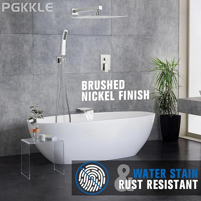12 Inch Rainfall Shower System with Tub Spout Wall Mounted Complete Combo with Solid Brass Pressure Balancing Valve, High Pressure Shower Head, Handle Set & Installation Accessories