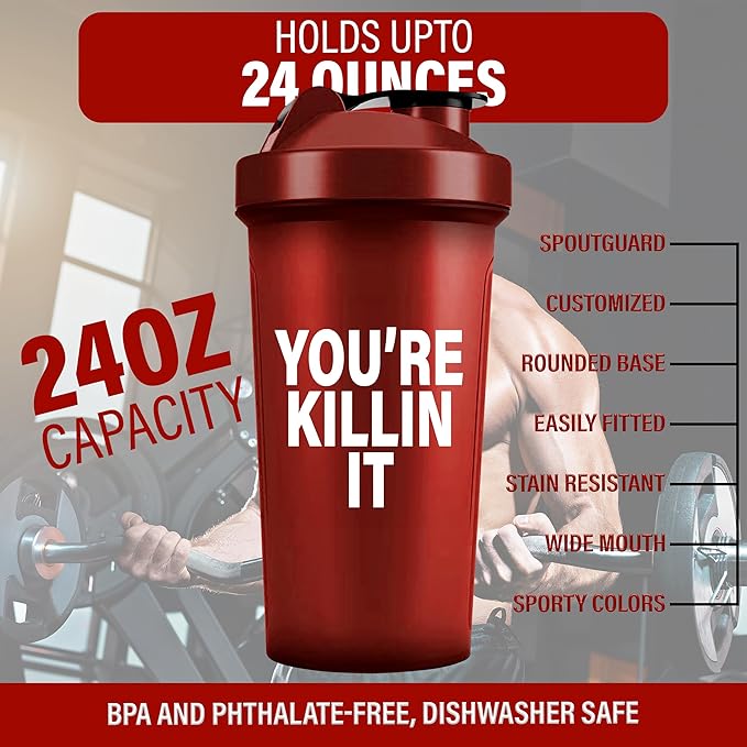 Shaker Bottles for Protein Shakes 24oz, Plastic Bottle for Pre and Post Workout, Protein Shaker Bottle with Wire Whisk Ball, Shaker Cup, Dishwasher Safe (YOU'RE KILLIN IT, RED)