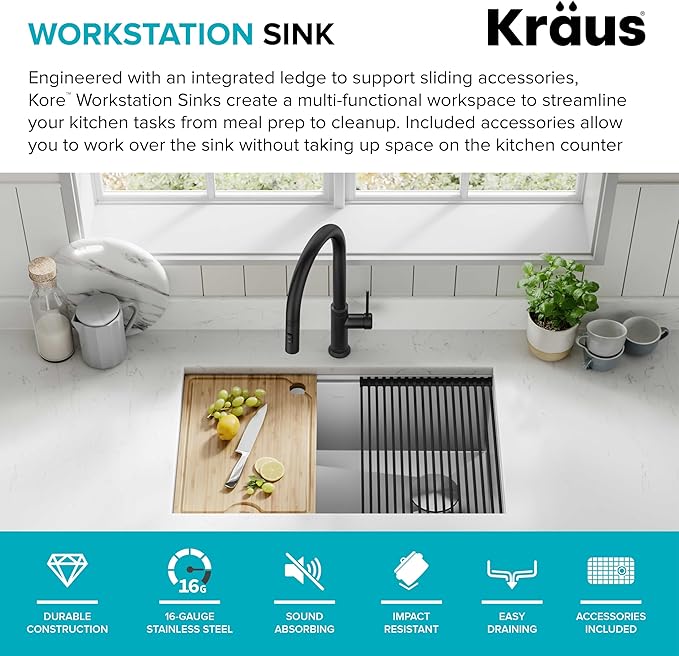 KRAUS Kore Workstation 30-inch Undermount 16 Gauge Stainless Steel Kitchen Sink, Single Bowl Kitchen Sink with Accessories, KWU110-30