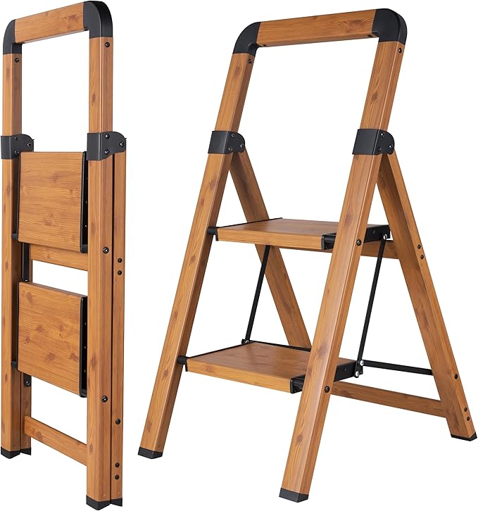 Step Ladder Folding 2-Step Ladders Aluminum Woodgrain Finish Step Stool Anti-Slip Portable Sturdy for Home & Kitchen Office 330 lbs