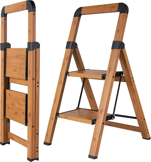 Step Ladder Folding 2-Step Ladders Aluminum Woodgrain Finish Step Stool Anti-Slip Portable Sturdy for Home & Kitchen Office 330 lbs