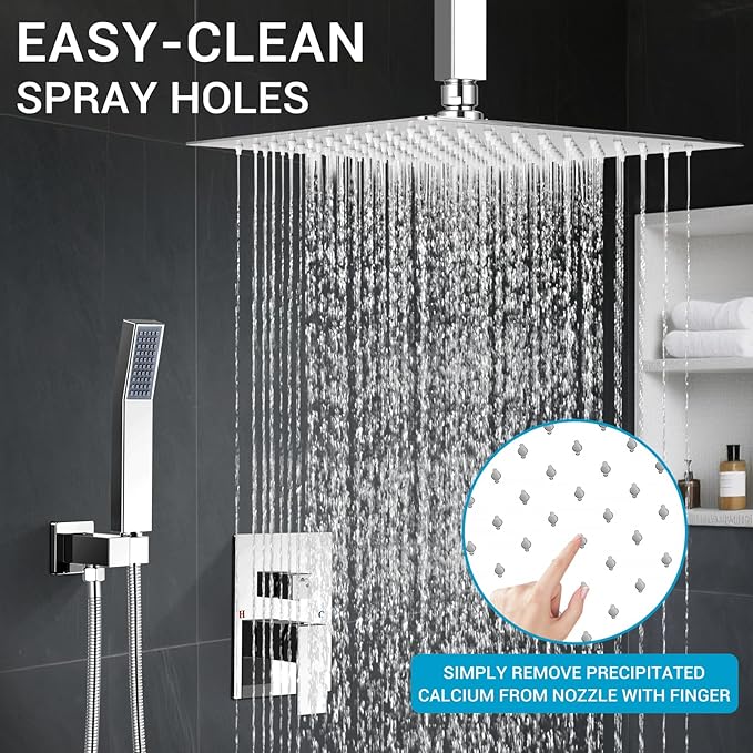 Ceiling Mount Shower Faucet Set Square Showerhead Bathroom Rainfall Shower System Stainless Steel Shower Trim Kit 10 Inches (Chrome)