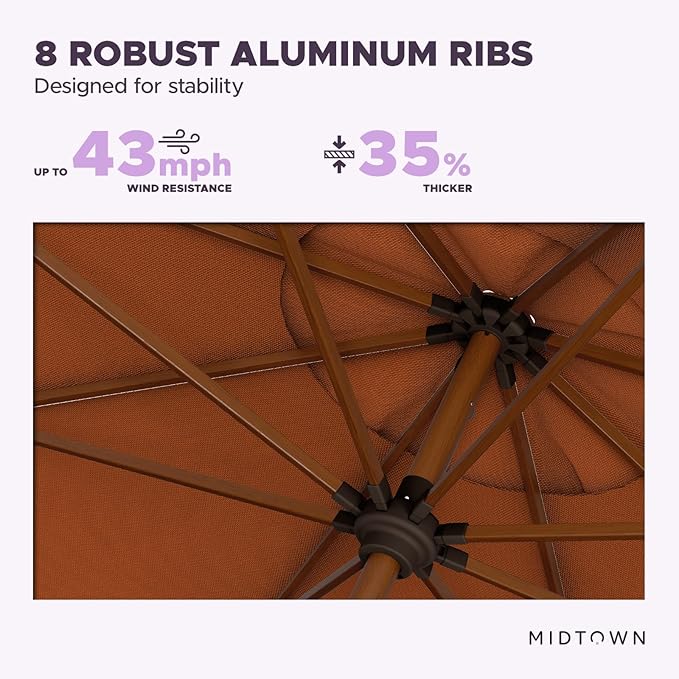 Midtown Umbrellas Sunbrella Umbrella Outdoor Patio Umbrella 2-8 Feet in Terracotta Acrylic Fabric - Auto-Tilt Aluminum Frame For Backyard Umbrella, Deck Umbrella & Porch Umbrella - Wooden Pole