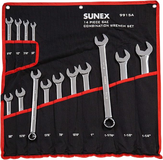 Sunex 9915 V-Groove Fractional Full Polish Combination Wrench Set, 3/8-Inch - 1-1/4-Inch, Fully Polished, 14-Piece (Includes Roll-Case)