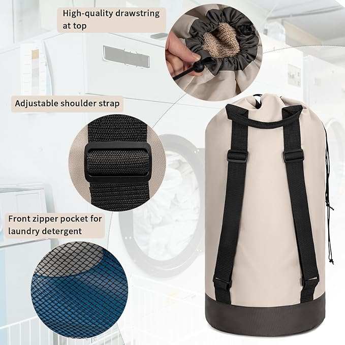 Laundry Bag Backpack with Shoulder Straps and Mesh Pocket Foldable Laundry Hamper for College, Apartment, Laundromat (Grey)
