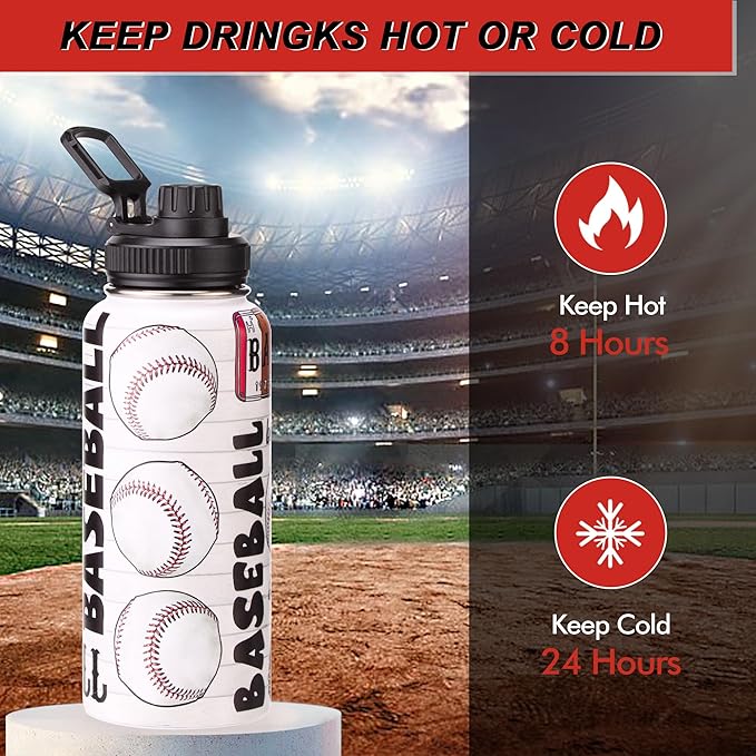Cutiset 32 oz Baseball Water Bottle with Lids, Stainless Steel Leak Proof Sports Water Flask, Vacuum Metal Water Bottle,Baseball