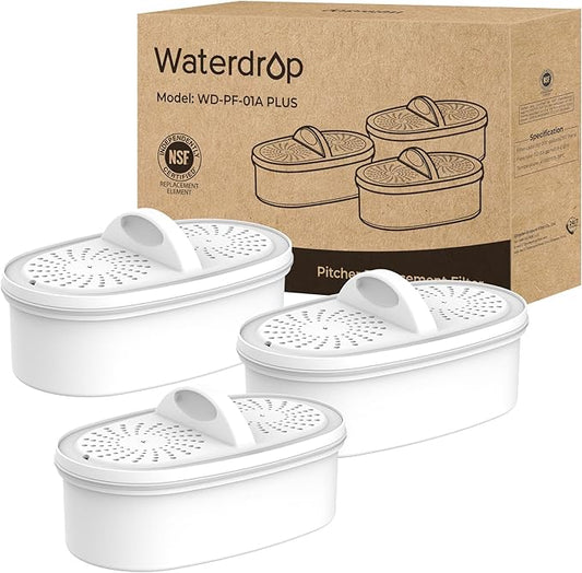 Waterdrop WD-PF-01A Plus NSF Certified Replacement Filters for All Waterdrop Pitcher and Dispenser Filtration System, Reduces PFAS, PFOA/PFOS, Last Up to 200 Gallons (3 Packs)