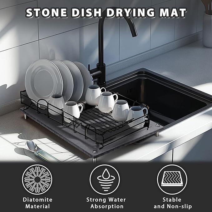 Stone Drying Mat for Kitchen Counter，IPOW Diatomaceous Dish Drying Mats Superb Absorbent，Heat-ResistantFast Drying Stone Mat Kitchen with Non-Slip Stainless Steel Feet（Gray）