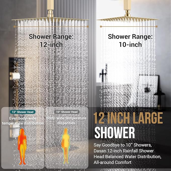Brushed Gold Shower System with 4 PCS Shower Body Spray Jets & 12’’ Ceiling Shower Head & Handheld Spray, DASAN Full Body Shower Faucet System with Jets Rainfall Shower Combo Set, SA-SS03BBG-S12C