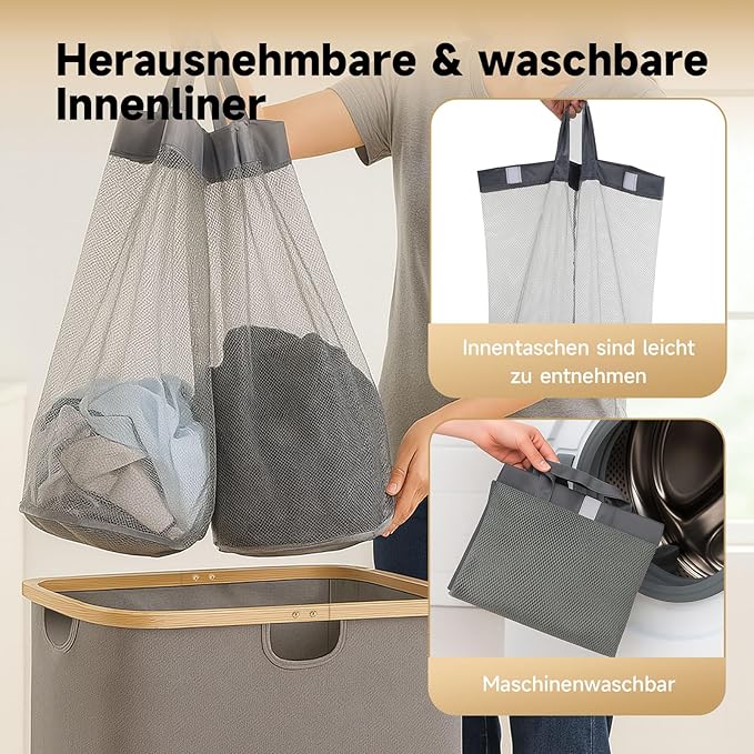 145L Double Laundry Basket with Lid, 2 Section Dirty Clothes Hamper with 2 Removable Bags for Bedroom, Bathroom, Dorm, Gray