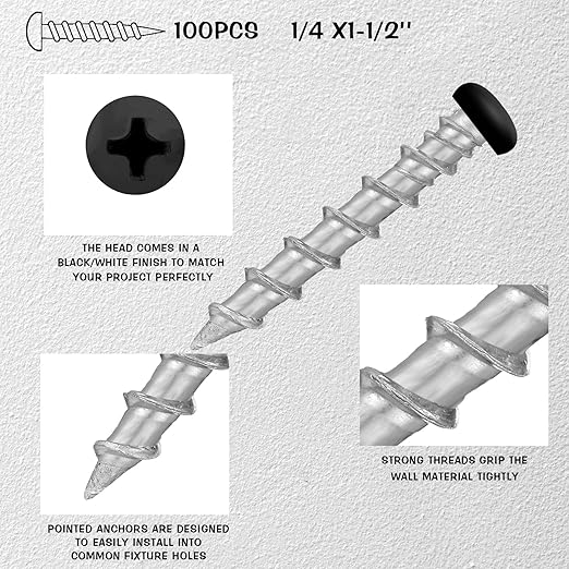 Blulu 100 pcs Drywall Anchors 1/4 x 1-1/2 Inch Black Pan Head Alloy Steel Light Wall Anchors Heavy Duty Self Drilling Screws for Drywall, Wood and Other Masonry Materials