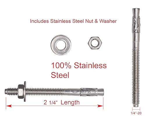 Bolt Dropper 1/4" X 2-1/4" Wedge Anchor (10pc), 18-8 Stainless Steel Corrosion Resistant Commercial Grade Washers and Nuts Included Choose Size