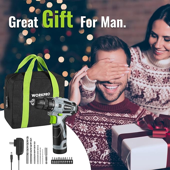 WORKPRO Cordless Drill Driver Kit, 12V Electric Screwdriver Driver Tool Kit, 3/8" Keyless Chuck, Charger and Storage Bag Included