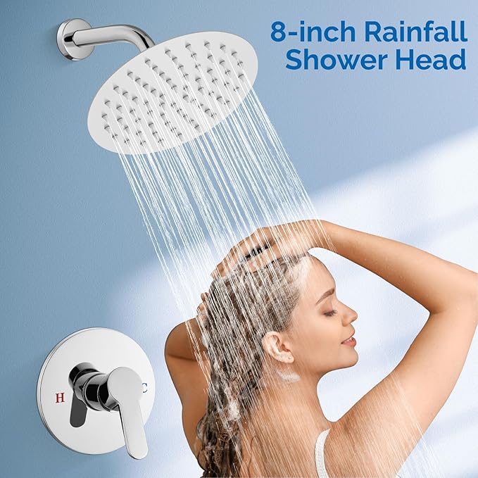Airuida Shower Faucet Set,8 Inch Round Rainfall Shower Head,SUS304 Stainless Steel Single Handle Shower Trim Kit,Wall Mount Bathroom System with Male Threads Valve Chrome Polish