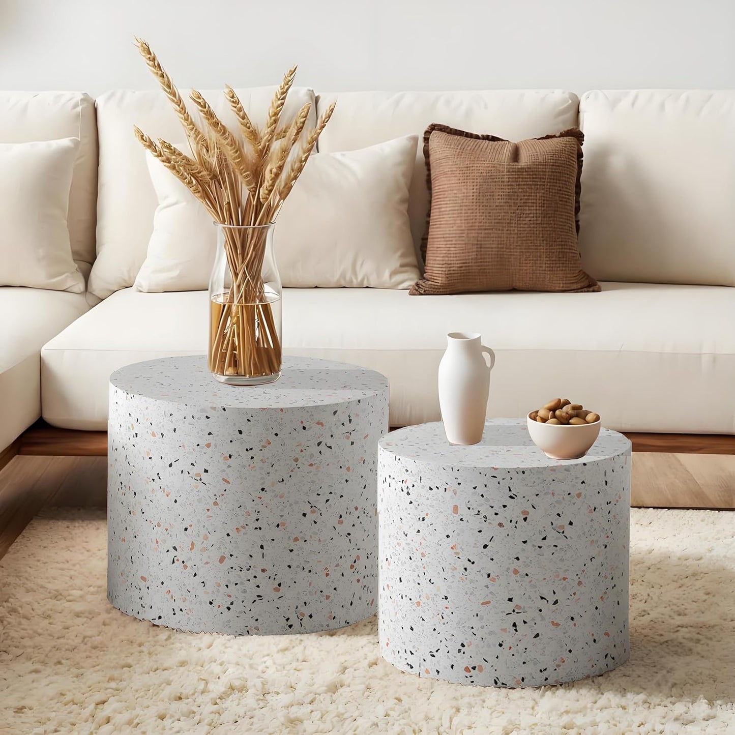 Round Nesting Coffee Table, Drum Wood Coffee Table Set of 2 Marble-Color, Modern Nesting Tables Circle Center Table 2 Piece for Small Spaces Living Room Bedroom Balcony Office, No Assembling