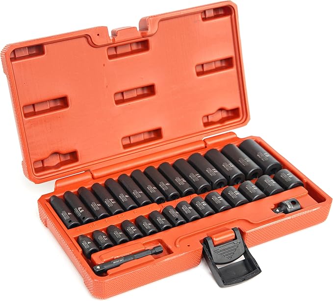 NEIKO 02481A 1/4" Drive Impact Socket Set, 30 Piece, Metric Sizes 4 – 15 MM, Deep and Shallow Sockets, Chrome Vanadium Steel, 3/8” to 1/4” Reducer, Hex Shank Socket Impact Adapter, Socket Wrench Set